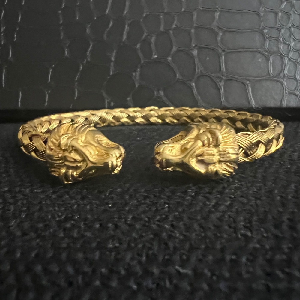 Lion Head Braided Cuff Bracelet Gold Tone Stainless Steel 316L 2.5" Diameter